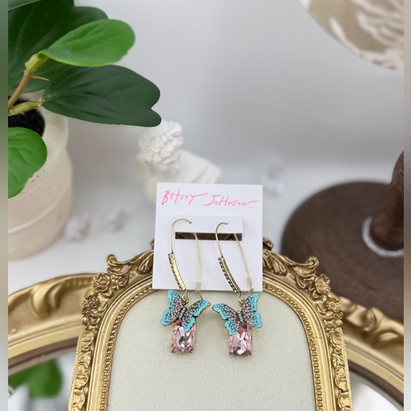 Betsey Johnson Pink Crystal Butterfly Drop Earrings - Picture 3 of 6